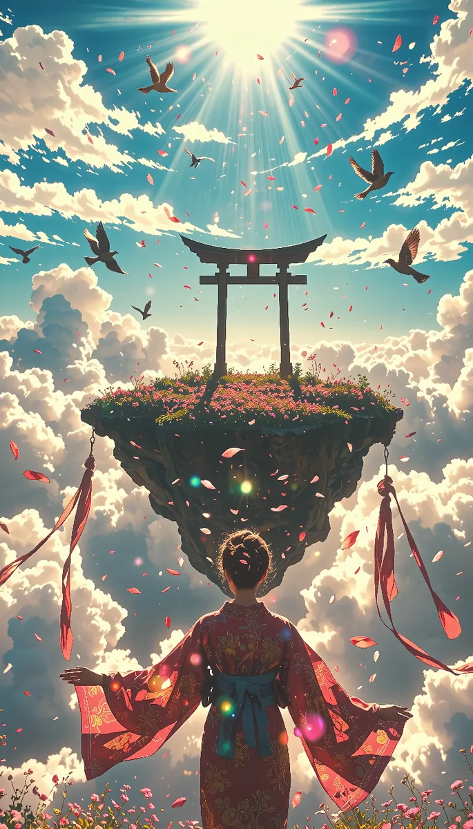 A serene floating island with a traditional Japanese shrine surrounded by clouds and birds, viewed from behind a person in a flowing kimono under sunlight rays and falling petals.