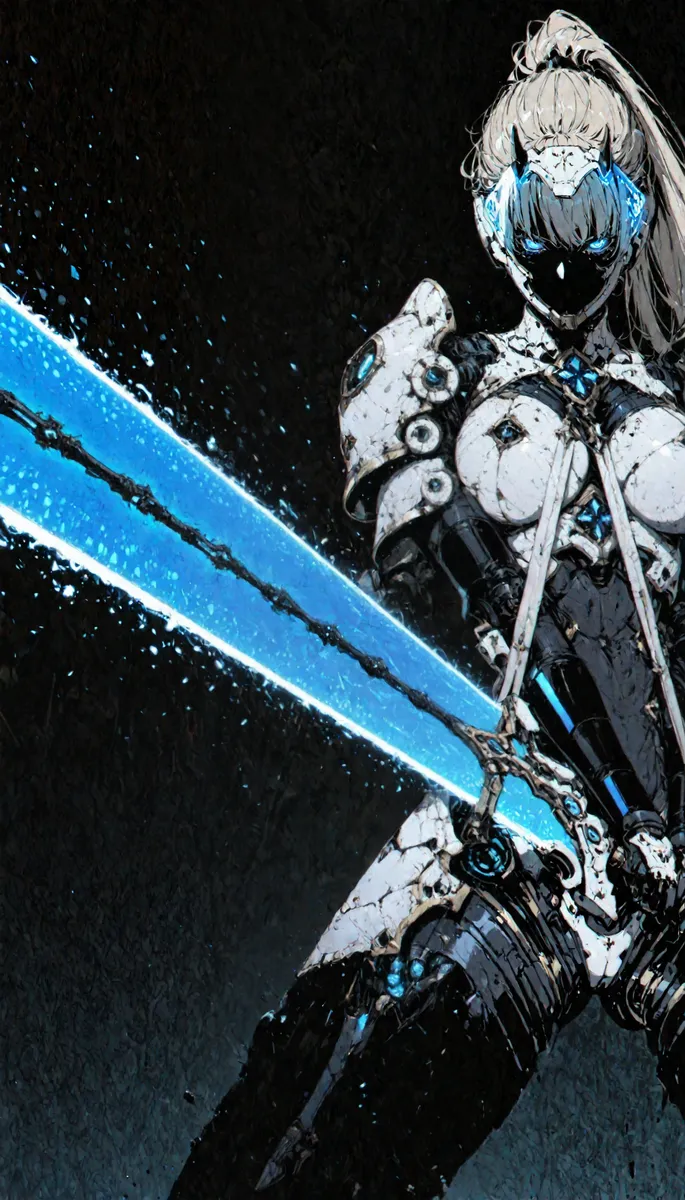 Dynamic digital painting of a female knight wielding a glowing blue plasma greatsword wearing white and black cyberpunk-inspired armor with bioluminescent accents.