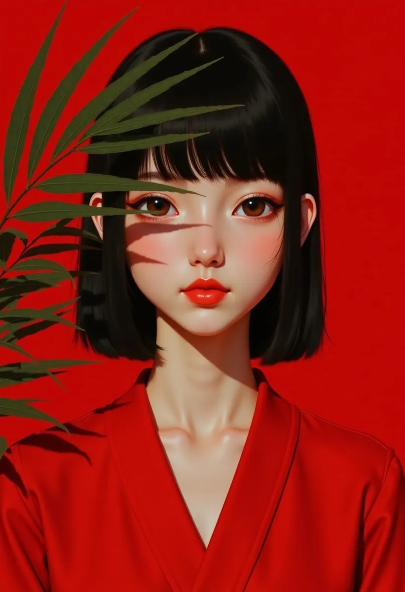 Portrait of a girl with black short hair and pale skin, partially obscured by green palm leaves, wearing a red robe against a red background.