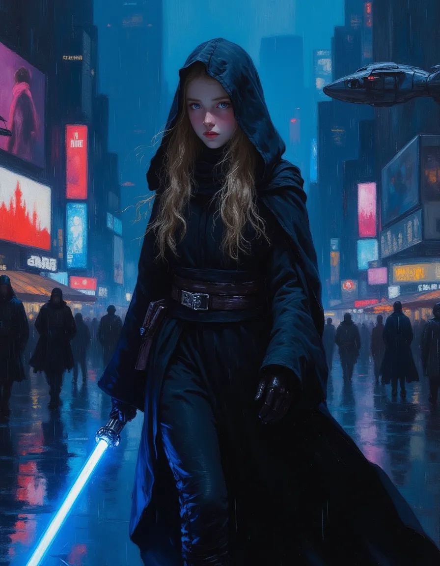 A young female Jedi Knight in a dark hooded cloak wielding a glowing blue lightsaber walks through a rain-soaked, neon-lit futuristic cityscape at night, painted in a detailed oil style.