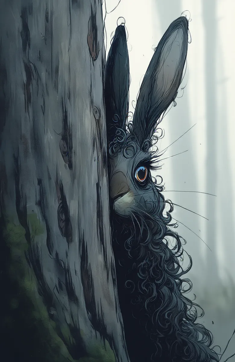 Close-up of a wet curly-haired rabbit peeking from behind a textured tree trunk in a misty forest with soft, diffused light.