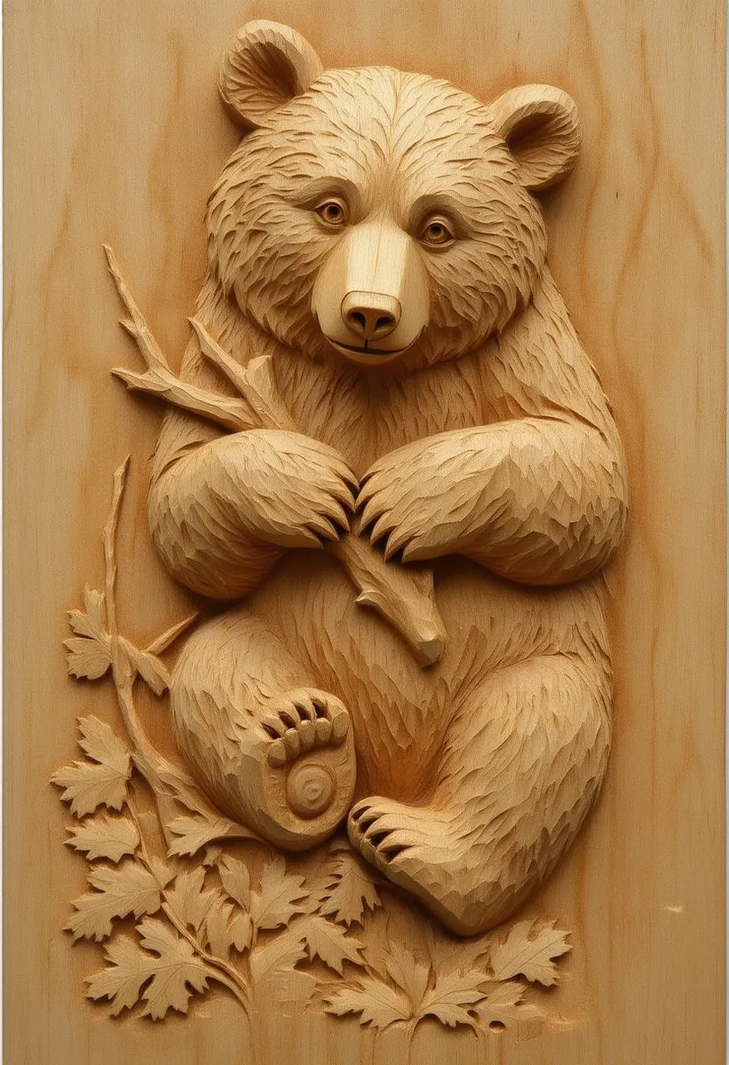 Wood carving of a cute bear holding a branch, detailed with three-dimensional sculptural technique and precise craftsmanship.