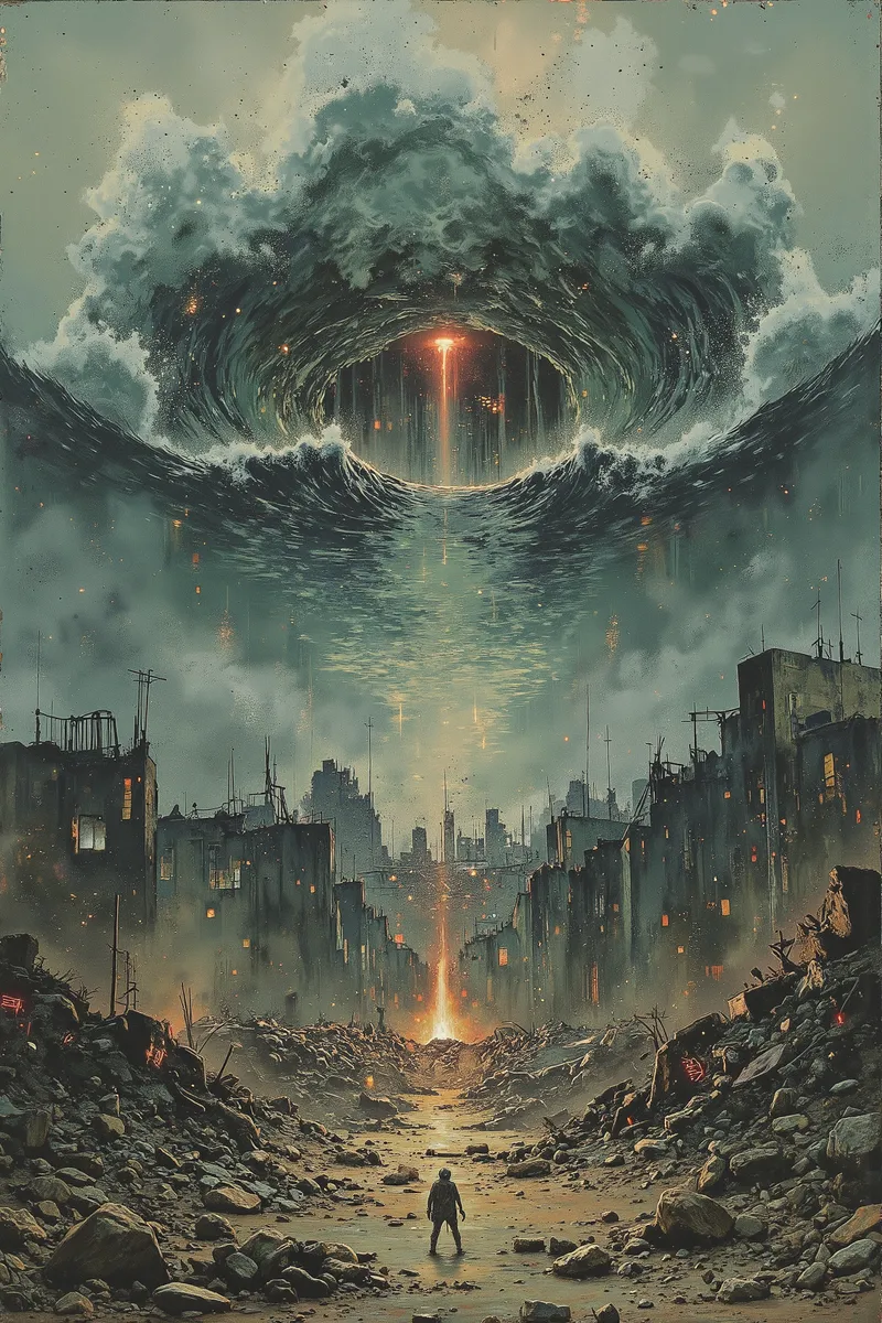 Surreal hand-painted scene showing a stormy ocean wave with crests pointing downward merging with a devastated, arid dystopian city in rubble reflected in the water.