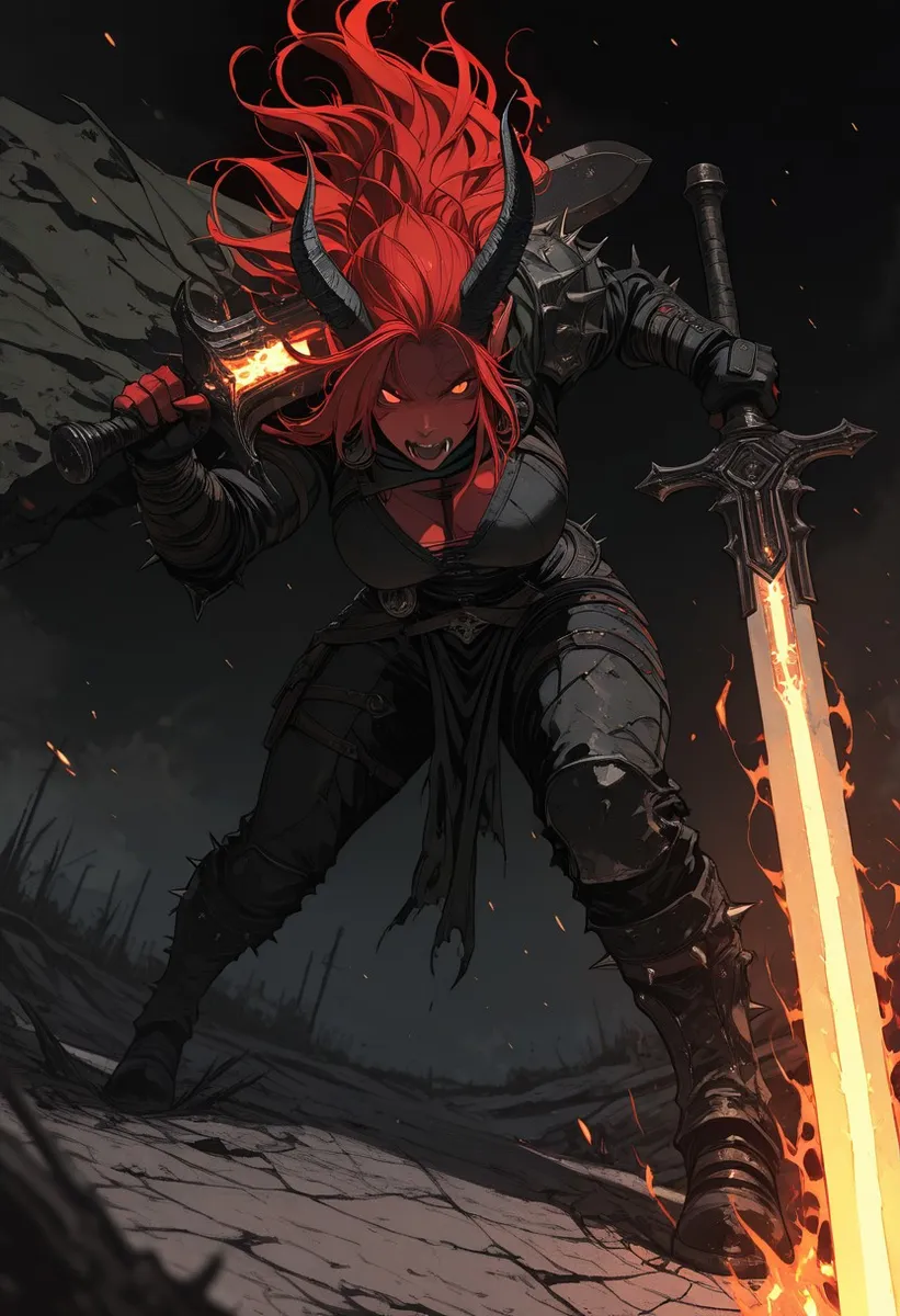 Powerful tiefling warrior with deep red skin, fiery golden eyes, sharp black horns, and long wild red hair wielding a flaming greatsword, standing in a battle stance on a cracked battlefield under dark skies.