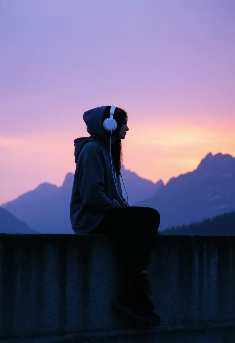Silhouette of a solitary woman in a charcoal hoodie with headphones, sitting on a concrete ledge against a vivid sunset with mountain outlines.
