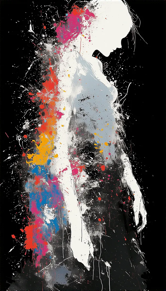 A white silhouette of a woman in profile against a black background, surrounded by dynamic abstract paint splashes in vibrant colors including red, pink, yellow, and blue.