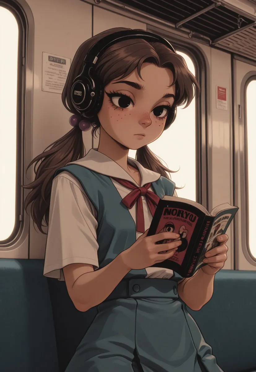 A schoolgirl with brown twintails and freckles wearing headphones and a Tokyo-3 middle school uniform reads a book while sitting inside a train.