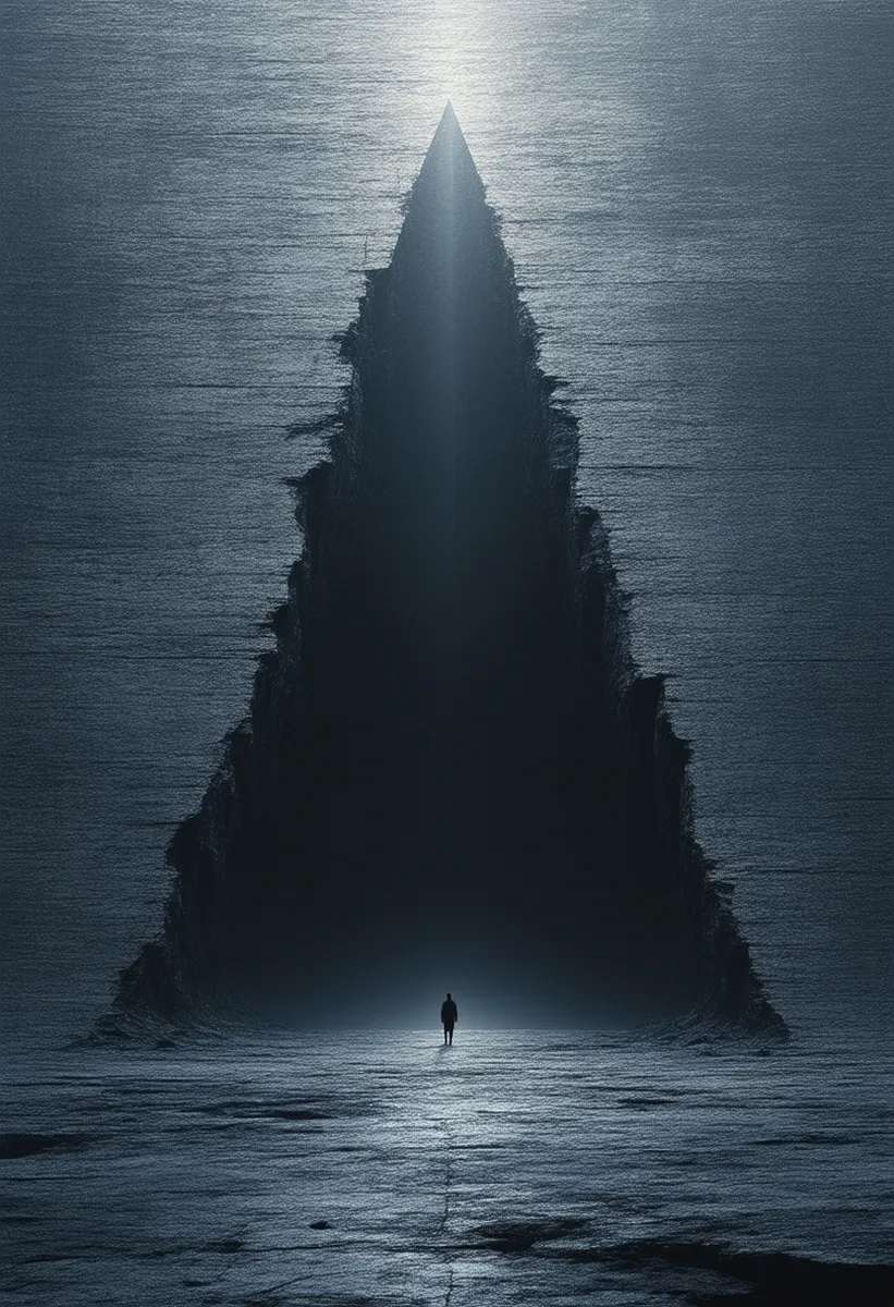 A solitary figure stands before a colossal triangular abyss with ethereal light shining from above, emphasizing the vast geometric void and shadowed depth.