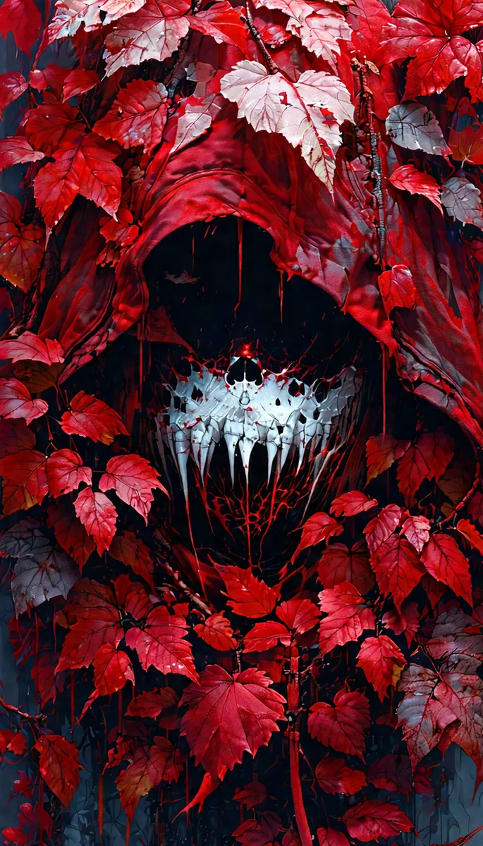 A dark fantasy horror-themed hooded figure with sharp teeth emerging from a mass of vivid red and dead leaves in a tribal ethereal style.