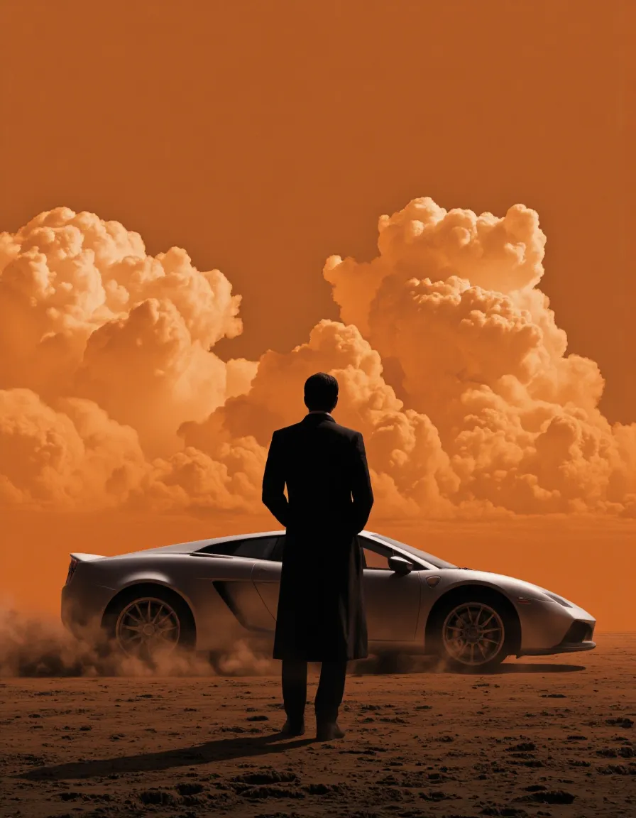 Man in long black coat standing with his back to the viewer in front of a sleek silver sports car, set against a dramatic orange sky with large fluffy clouds over a dusty desert terrain.