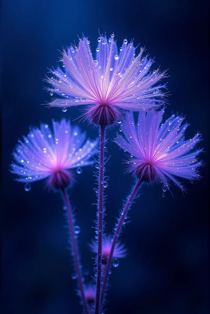 Close-up of three ethereal purple flowers with luminescent blue edges and water droplets on delicate petals and stems against a dark blue gradient background.