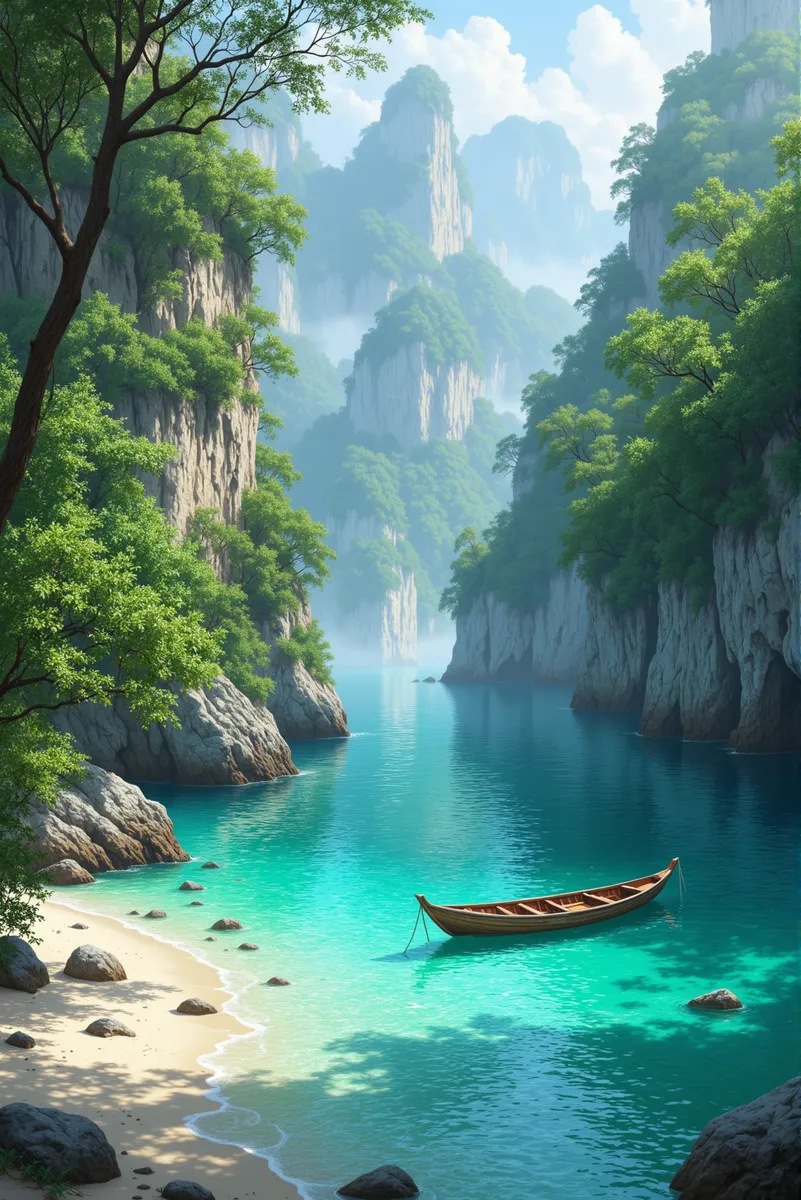 A serene tropical river with turquoise water surrounded by towering limestone cliffs covered in lush green foliage. A wooden rowboat floats near a white sand beach under soft daylight.