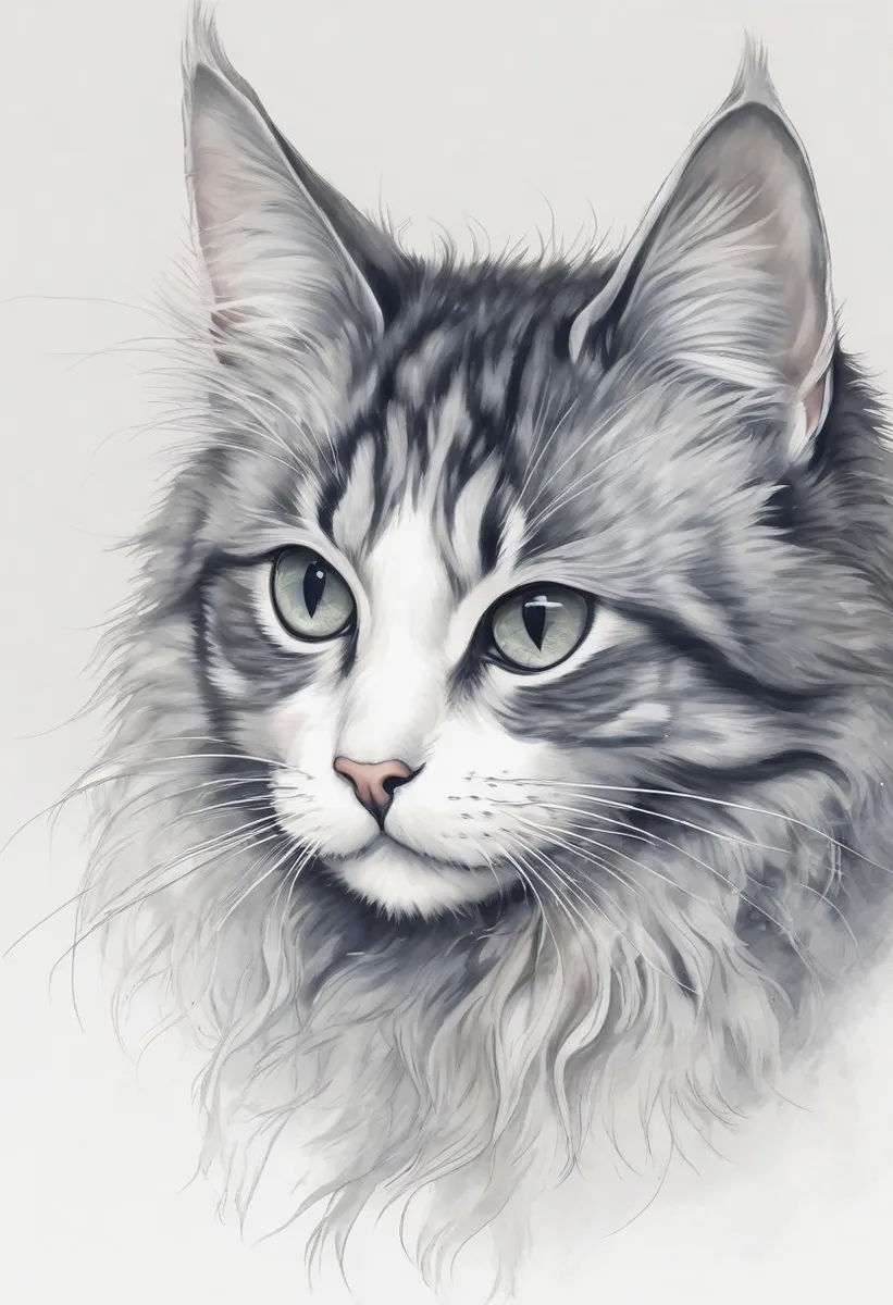 A realistic and detailed close-up portrait of a Maine Coon cat with fluffy gray and white fur, light green eyes, and a soft white background.