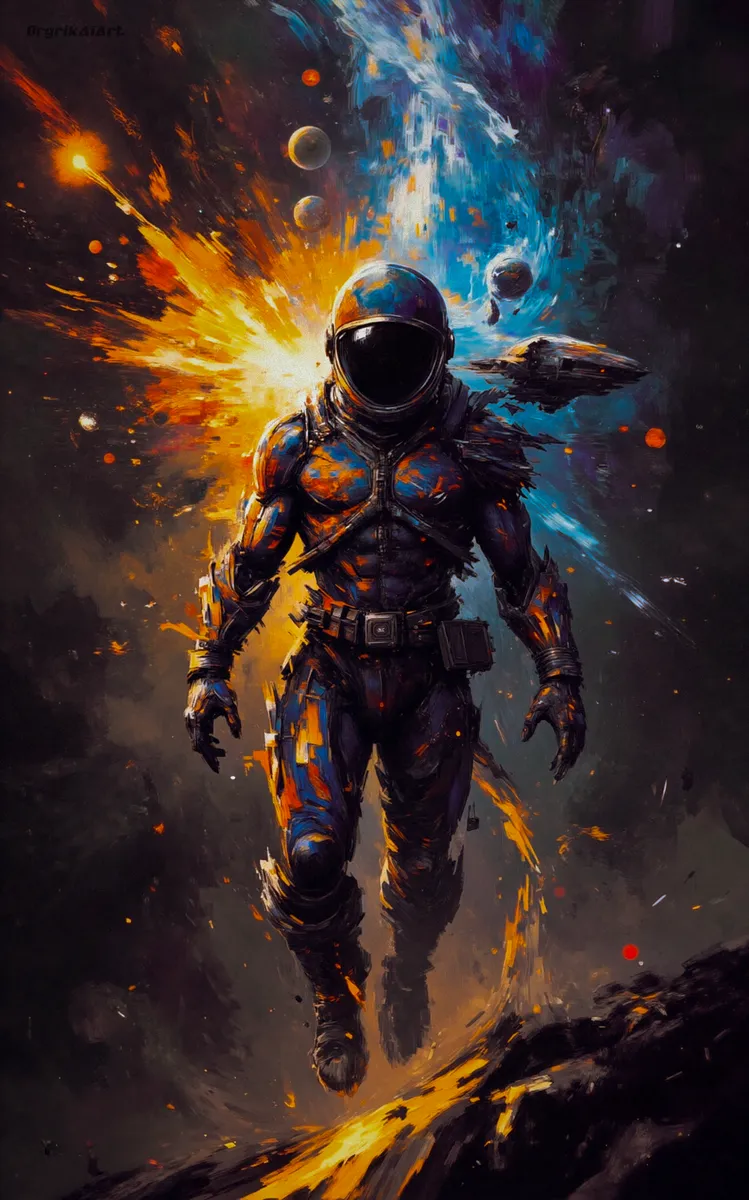 Highly detailed cosmic astronaut figure in space suit, composed of planets, spaceships, and cosmic elements, floating with vibrant cosmic trail and explosion backdrop.