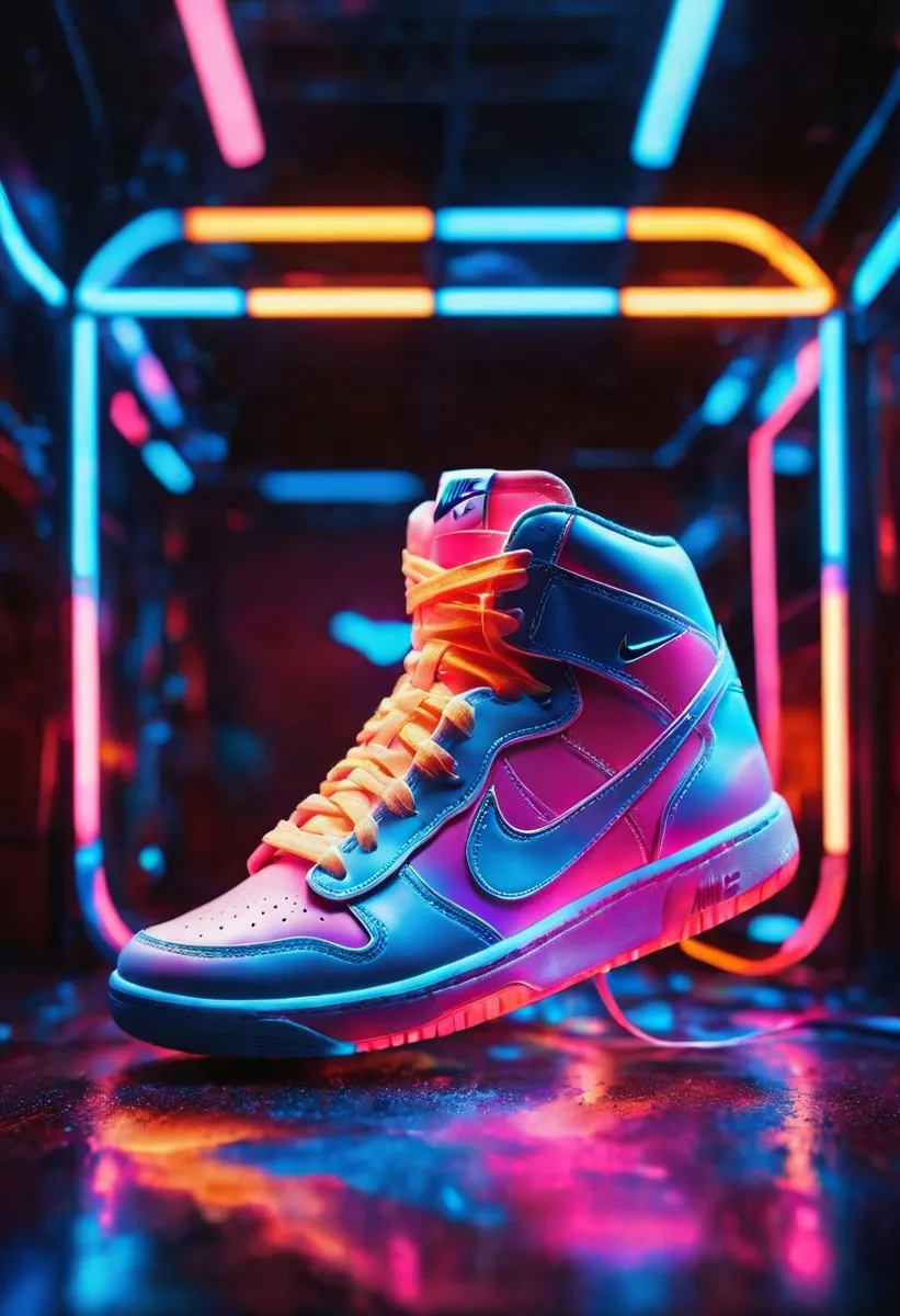 Close-up of a Nike tennis shoe with glowing neon illuminated soles in blue and pink tones, against a professional blurry background with neon lights.