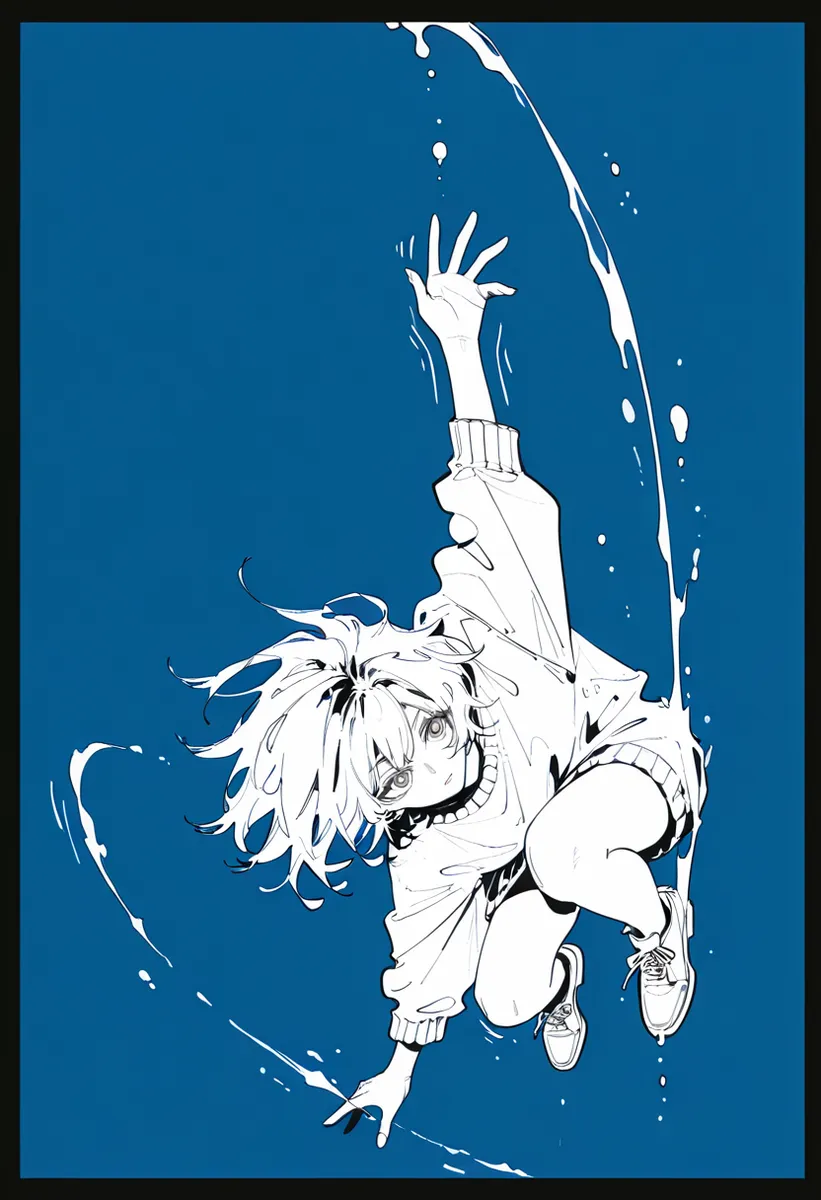 A dynamic, monochrome illustration of a girl jumping against a solid blue background with ink splash effects and motion lines, featuring detailed eyes and a black border.