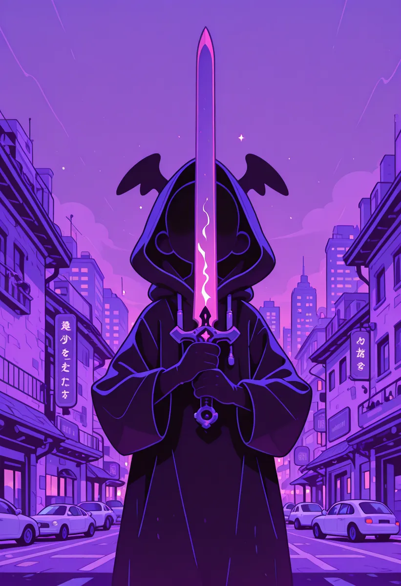A faceless hooded boy with small wings holding a giant glowing sword, standing in the middle of a purple-toned city street at night, illustrated in flat vector style.