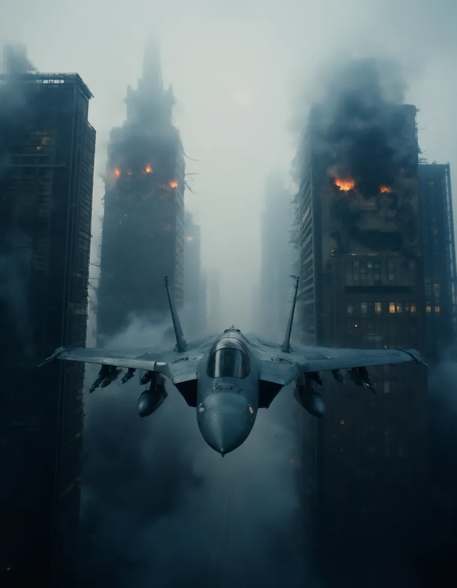 A fighter jet flying fast towards the viewer between war-torn skyscrapers with smoke, fire, and cloudy skies in a cinematic scene with film grain.