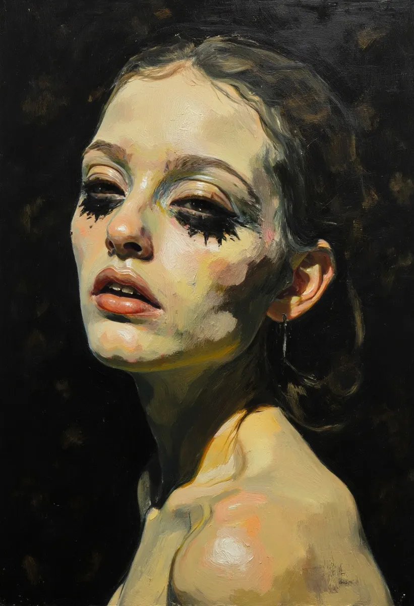 A realistic oil painting portrait of a female subject with dramatic lighting and a dark background, showcasing detailed facial features and baroque style shadows.
