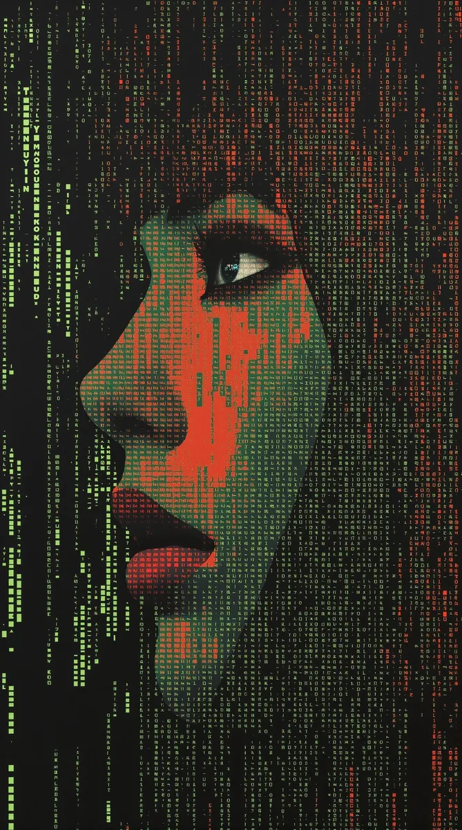 Expressive pop-art style double exposure side portrait of a young Japanese woman with shaggy bob and dark eyeshadow blending into an abstract ASCII Matrix-style background with halftone textures
