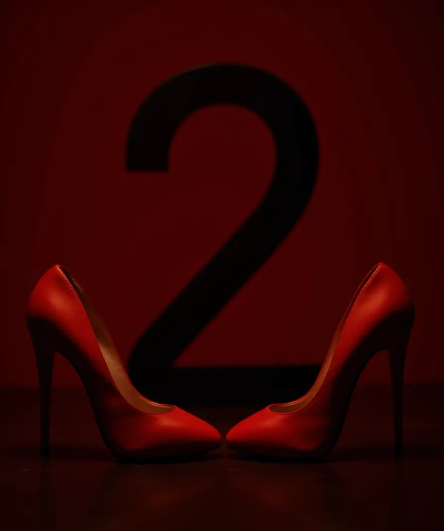 Red high heels facing each other with a large black number 2 in the background on a dark red backdrop