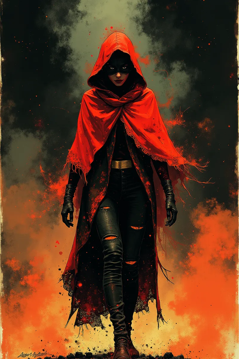A mysterious figure cloaked in a vibrant red shawl walks through an eerie fog with bold ink-inspired linework and intricate details.