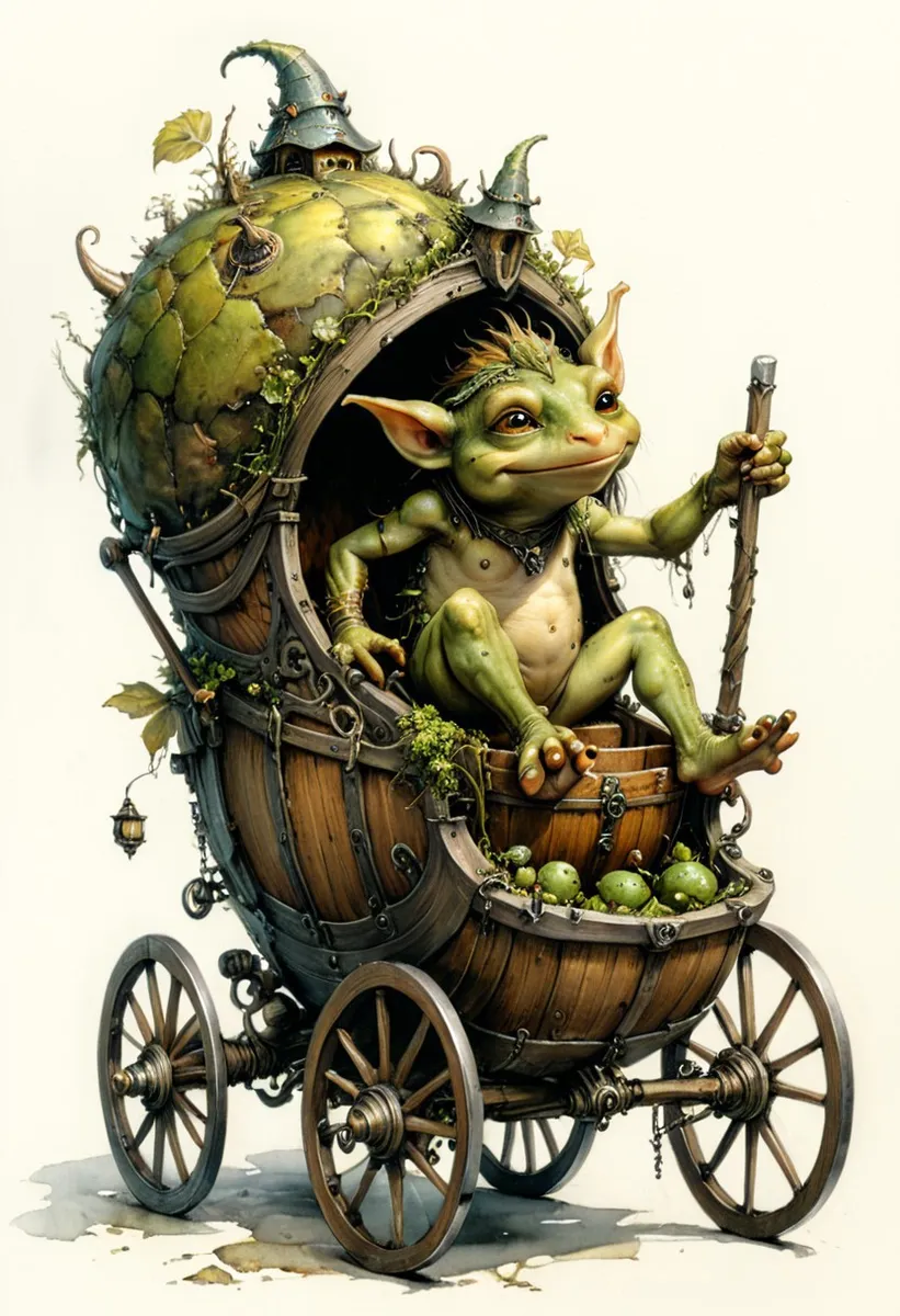 A detailed fantasy troll with green skin sits in a wooden carriage made from a nutshell with wooden wheels, holding a stick and surrounded by small green fruits.