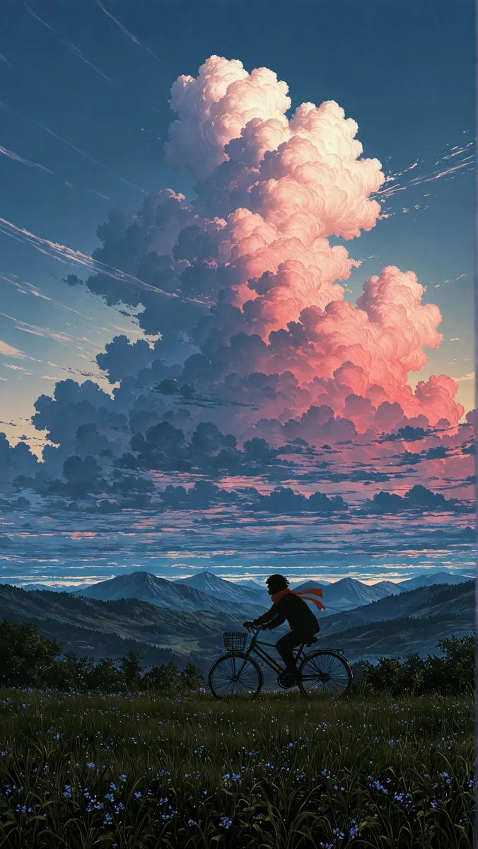 Silhouette of a person riding a bicycle with a red scarf, against a dramatic sunset sky filled with large pink and purple clouds over a mountainous horizon and grassy field.