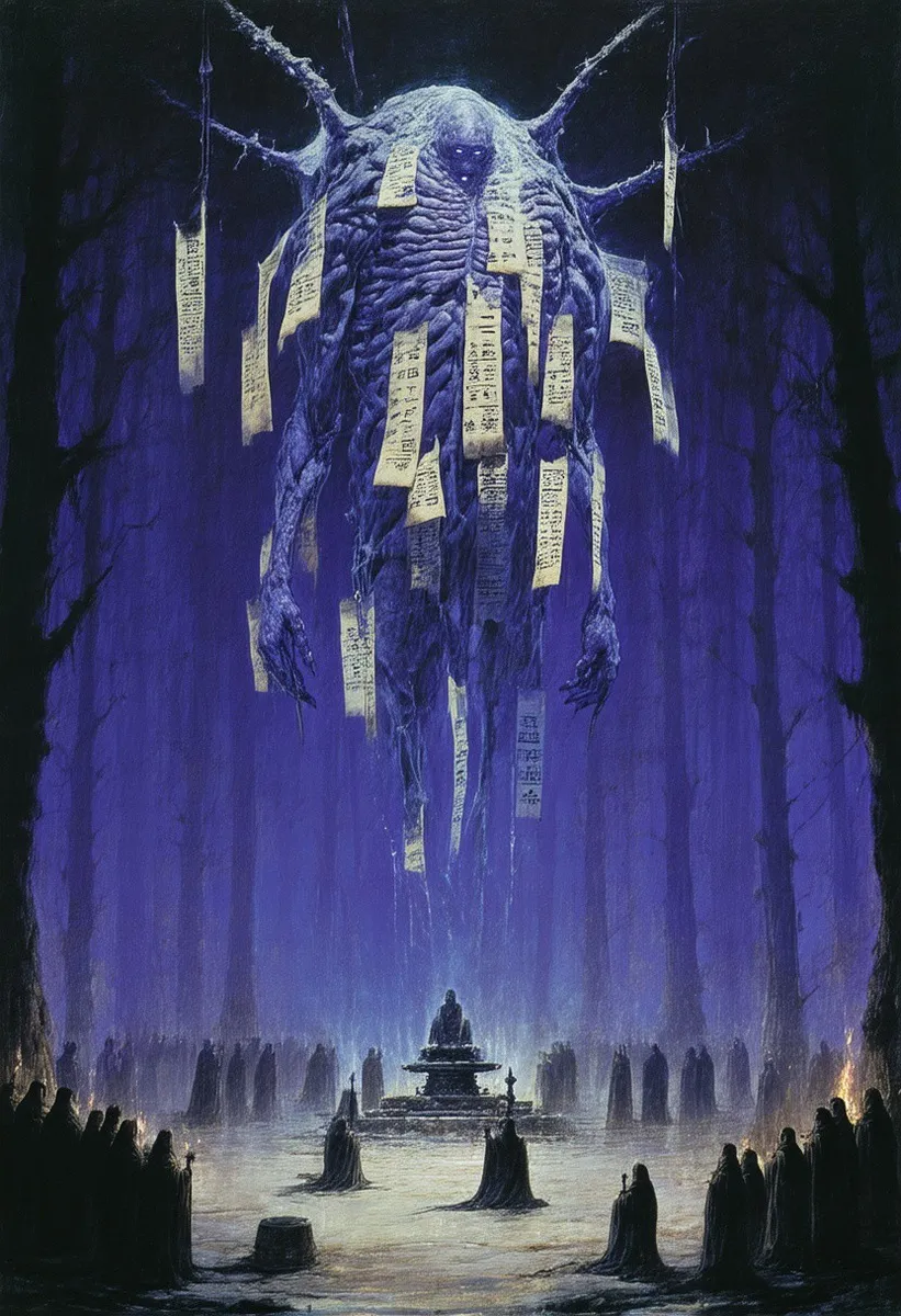 A large, bloated, floating creature covered in hanging parchment strips and sealed eyes, its tattooed flesh marked with vanishing symbols. It hovers above a void altar encircled by cloaked, whispering monks, set against a dark alien forest in deep blues and purples rendered in oil painting style with thick brushwork and smoky atmosphere.