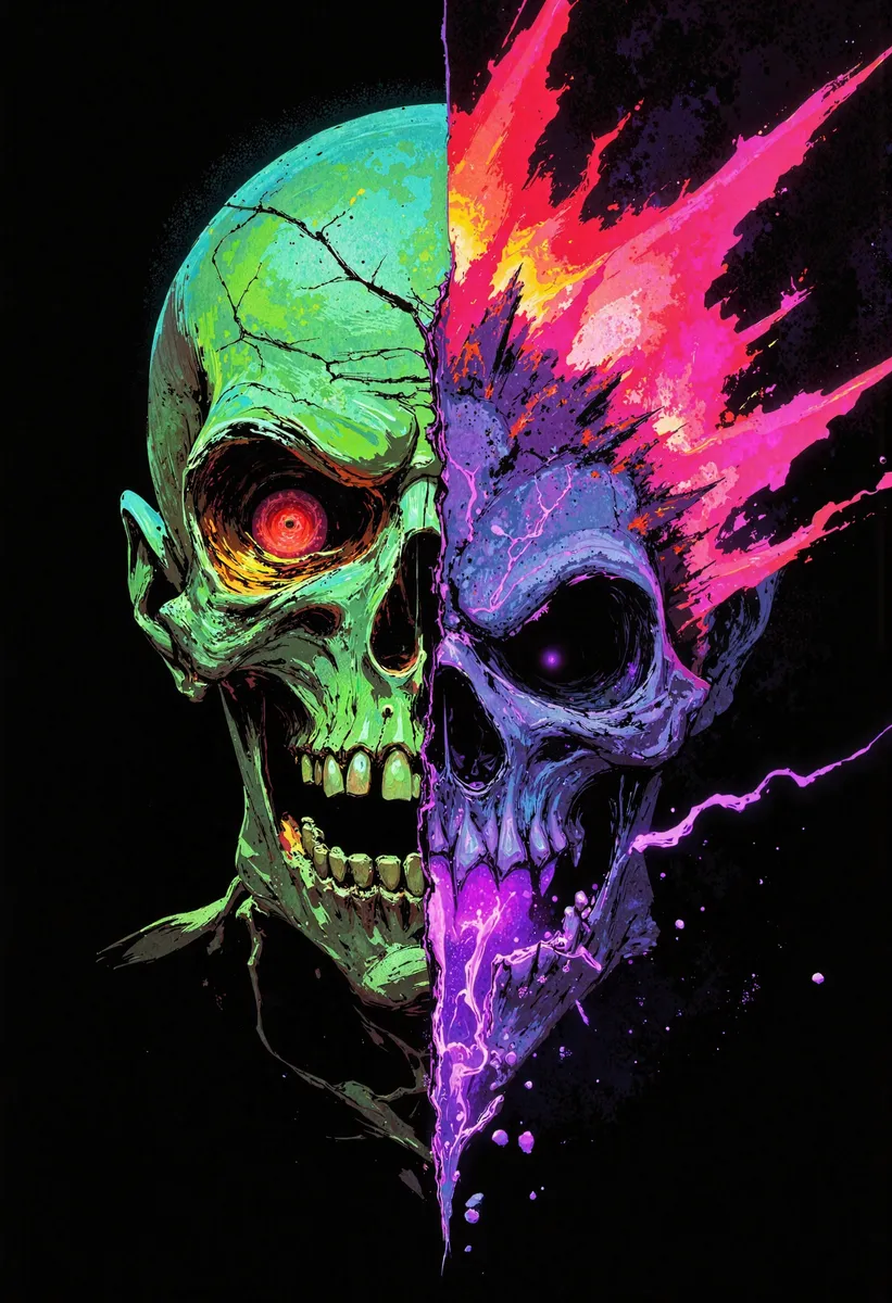 A highly detailed skeletal face split into four quadrants showing different stages of lich-like decay with neon green necrotic magic, blood-red fury, ashen gray rot, and electric purple arcane energy.