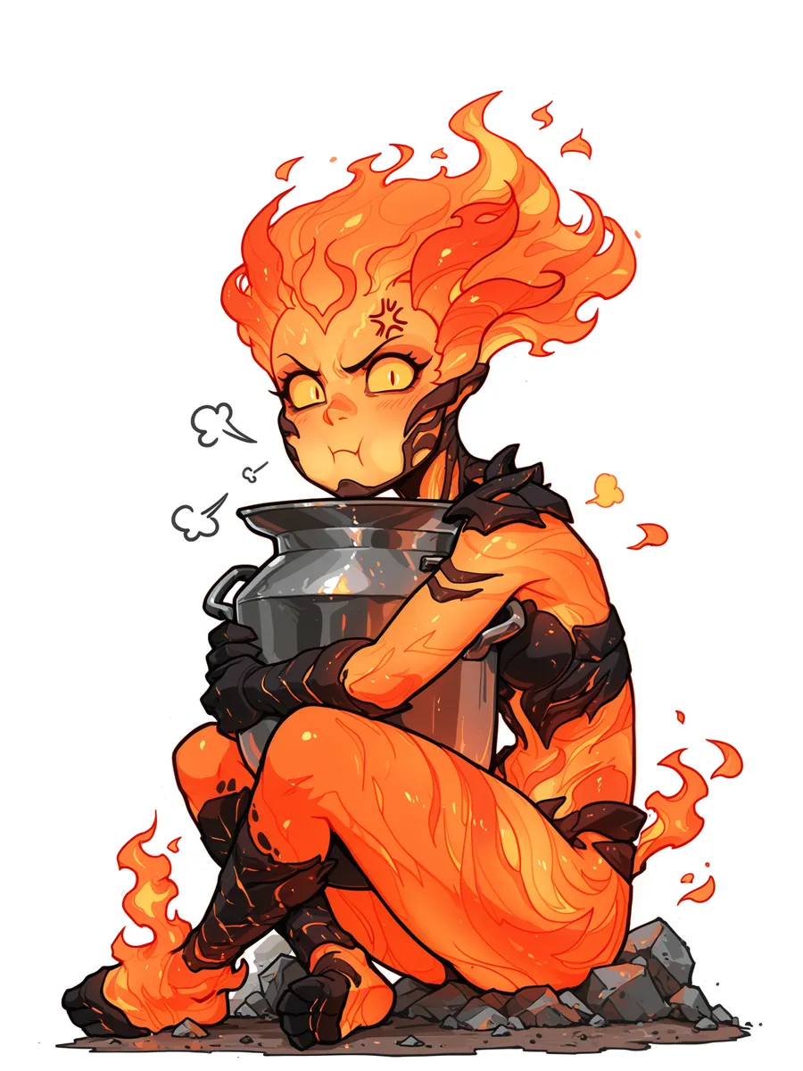 A fiery flame atronach monster girl with glowing yellow eyes and flaming hair sitting and hugging a large stainless steel boiling pot, showing an angry pout with an anger vein on forehead.
