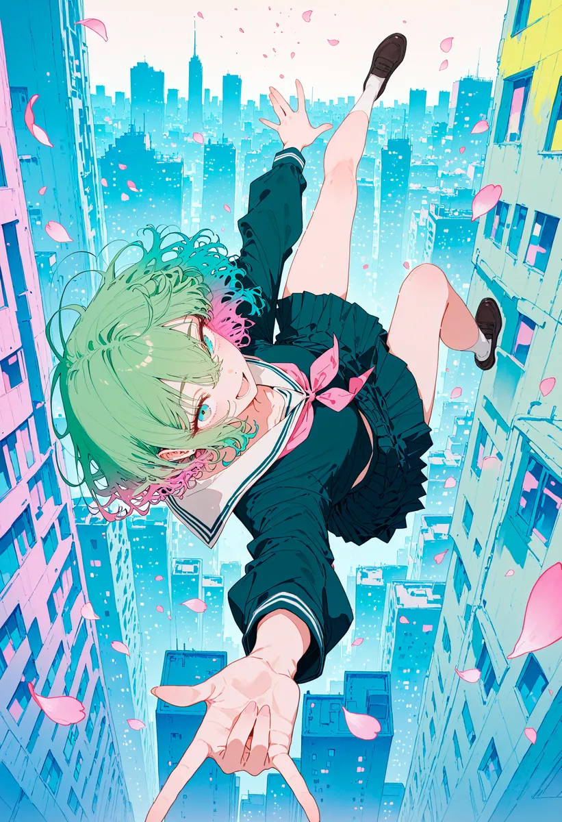 Girl with green hair and a school uniform falling through an industrial cityscape with pink petals floating around.
