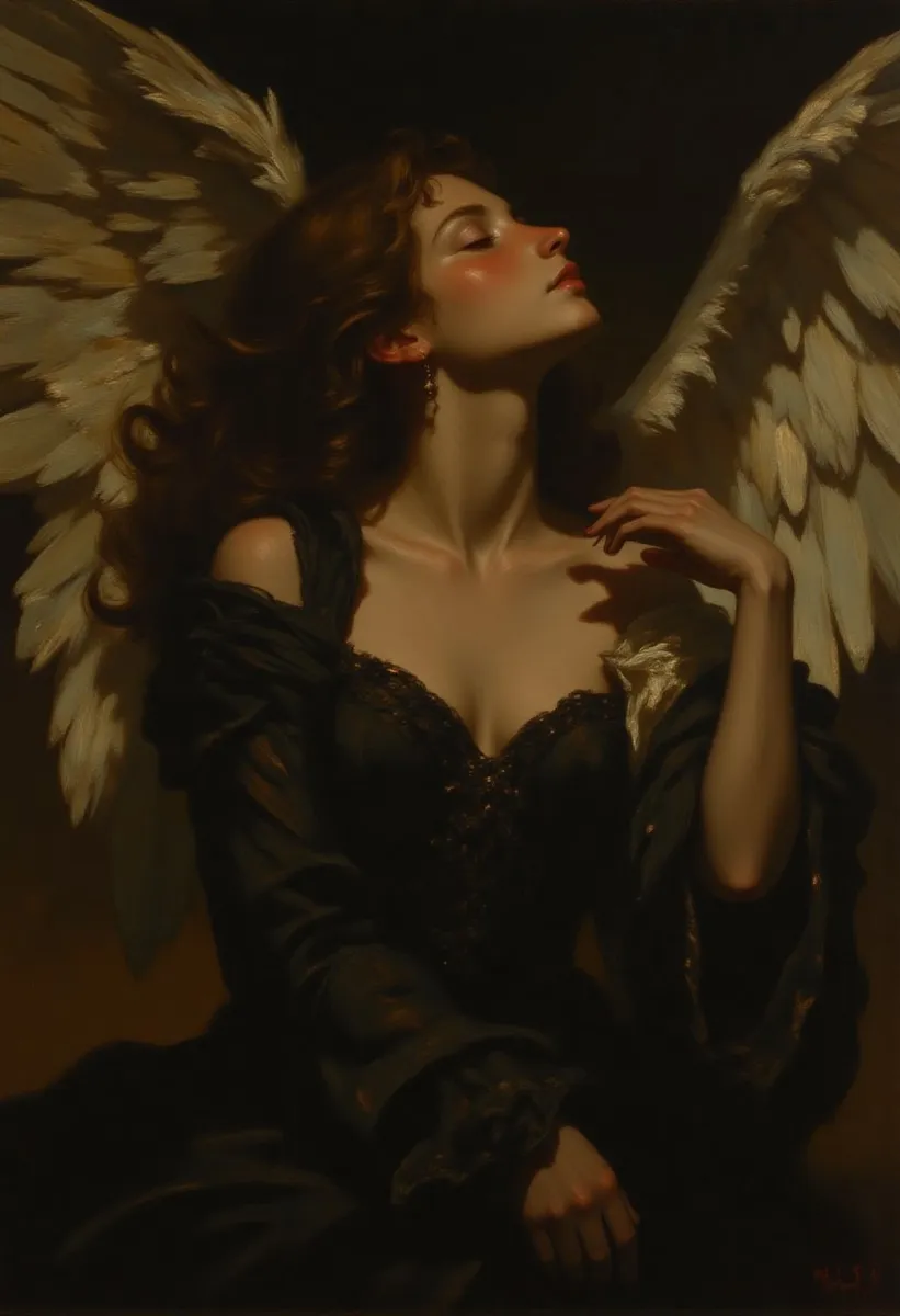 Classical style oil painting of a serene woman angel in a black gown with flowing curly hair and large white wings under a soft overhead spotlight.
