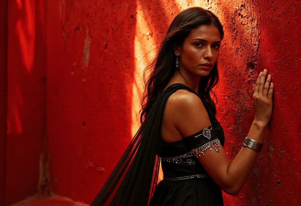 A woman in a flowing sheer black gown with silver accents leans against a textured scarlet wall, illuminated by warm chiaroscuro lighting highlighting her dark hair and metal cuff.