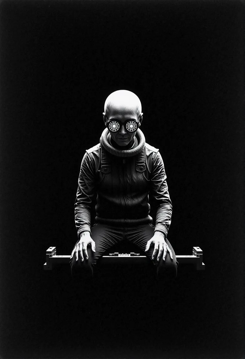 Monochrome photorealistic image of an alien sitting on a small space station against a black background, wearing an A-shaped helmet and glasses with intricate holographic patterns.