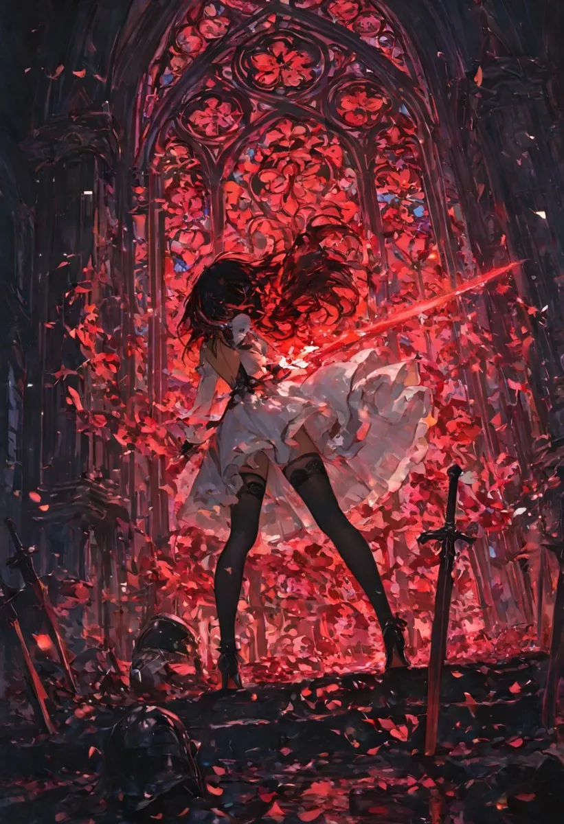 Anime warrior girl with long black hair stands in a majestic gothic cathedral illuminated by glowing red stained glass windows, holding a glowing red sword with rose petals swirling around.