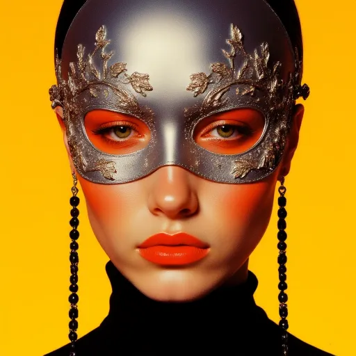 Portrait of a gothic woman wearing a detailed silver floral mask and burnt orange makeup against a bright yellow background