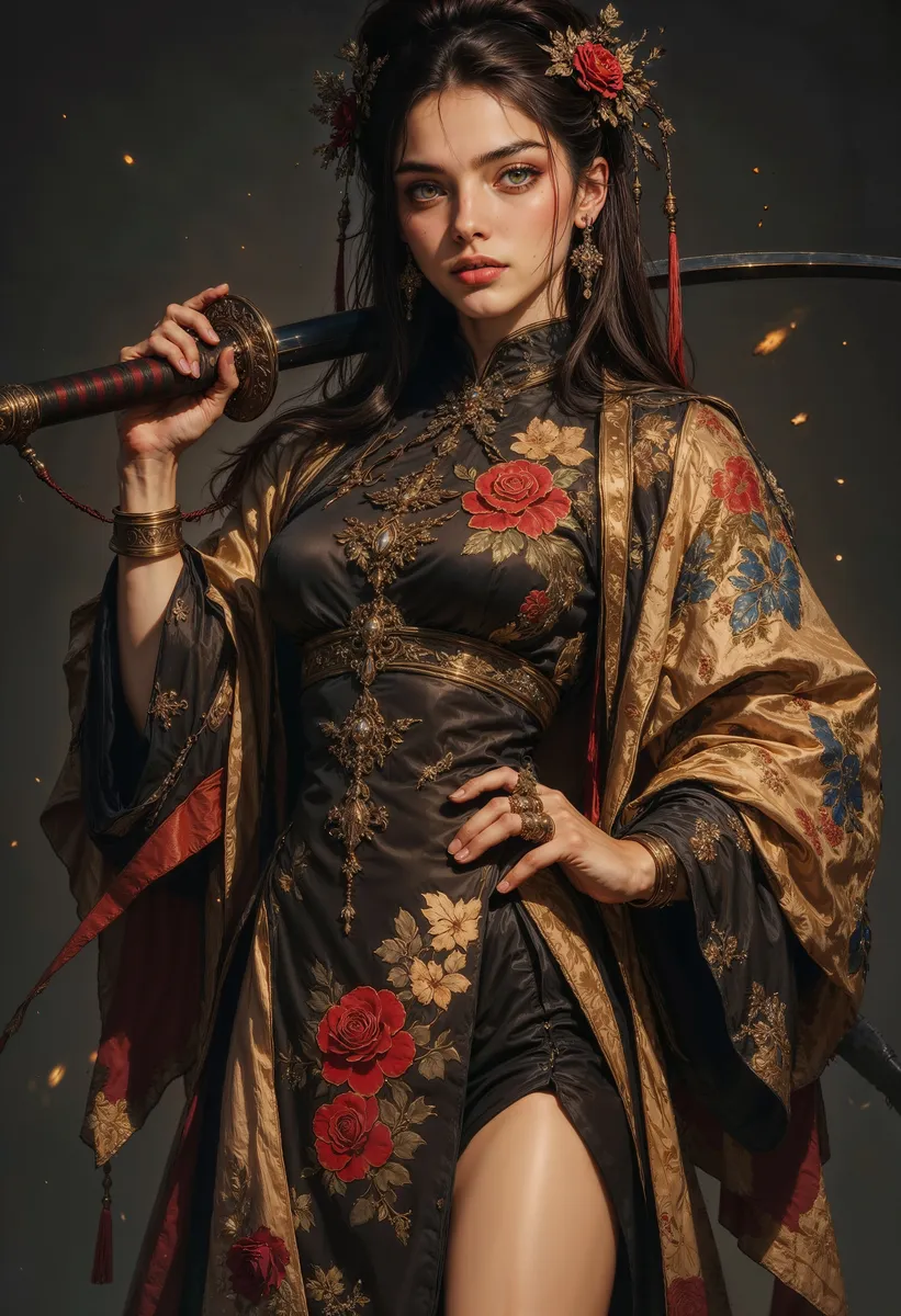 Photorealistic portrait of a young woman in a black cheongsam with gold floral embroidery holding a katana sword over her shoulder, wearing a golden floral hairpin and surrounded by subtle embers.
