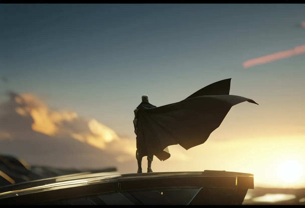 Distant view of a faceless male in a futuristic suit with a long flowing cape standing on a platform at sunrise, with a huge alien spaceship in the blurred background.