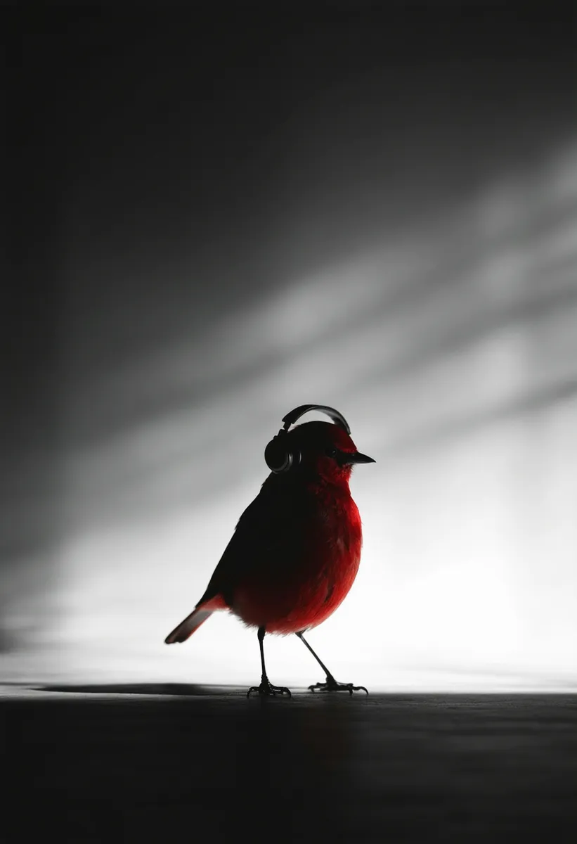 A crimson bird silhouette wearing black headphones stands in a dimly lit, minimalist soundproof environment with dramatic lighting highlighting its form.