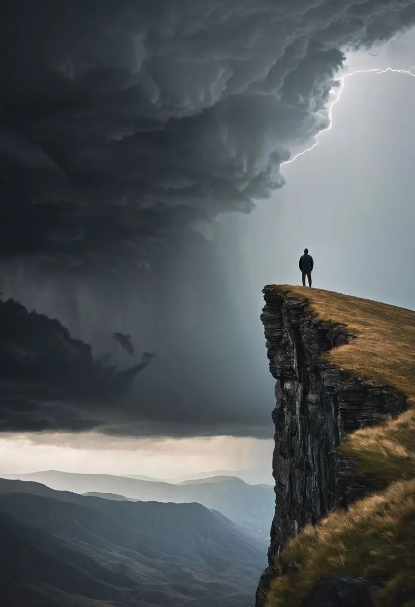 A solitary figure stands on the edge of a cliff overlooking mountains under a stormy sky illuminated by lightning.