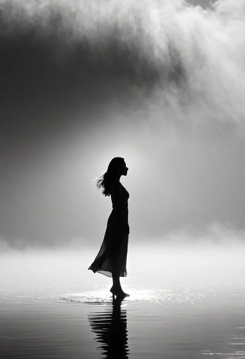 A monochrome silhouette of a woman standing on water, with clouds and mist surrounding her, creating a serene and introspective atmosphere.