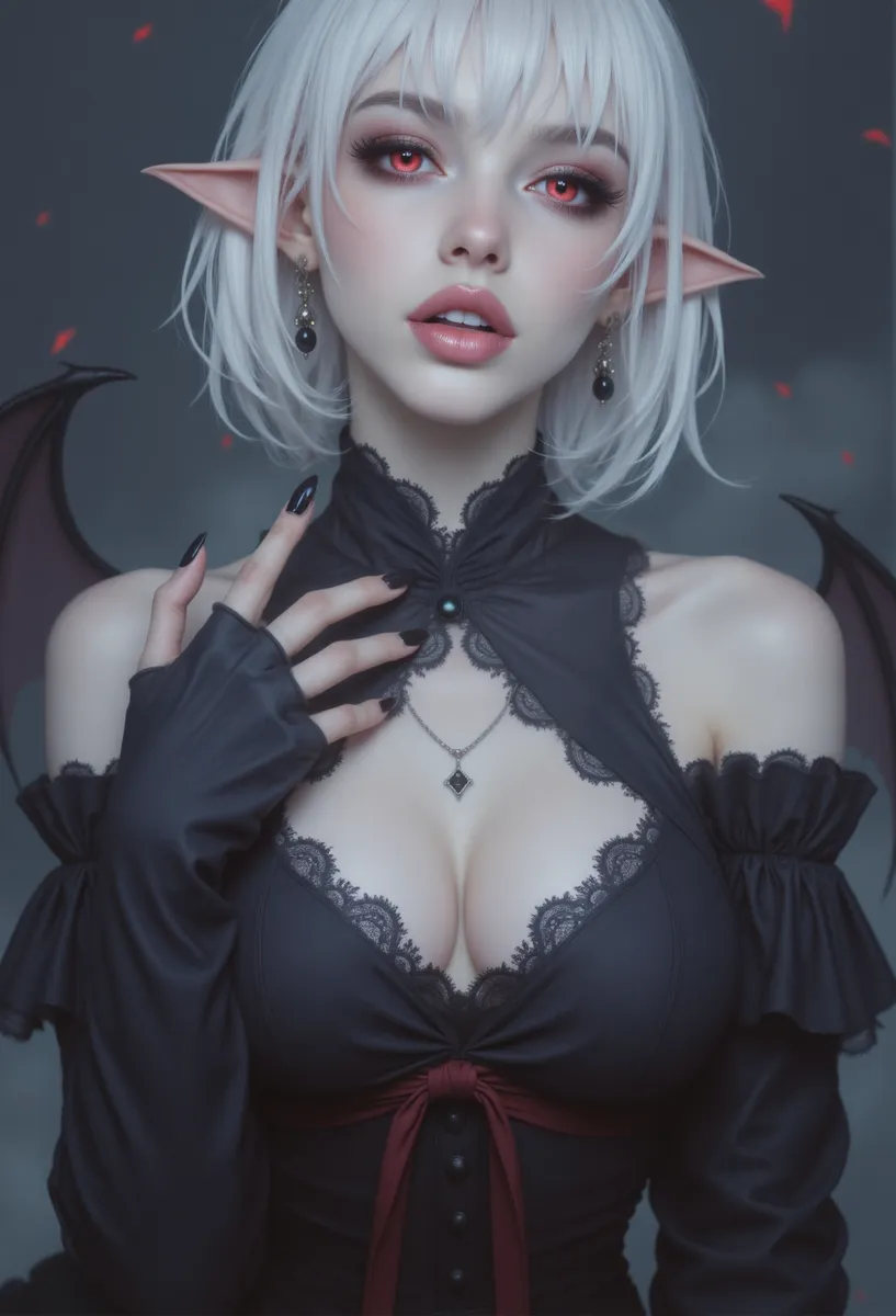 A goth girl vampire with white hair, red eyes, pointed elf ears, wearing a black lace dress with cleavage cutout and black gloves, adorned with earrings and a necklace, against a blurry dreamscape background with small red accents and bat-like wings.
