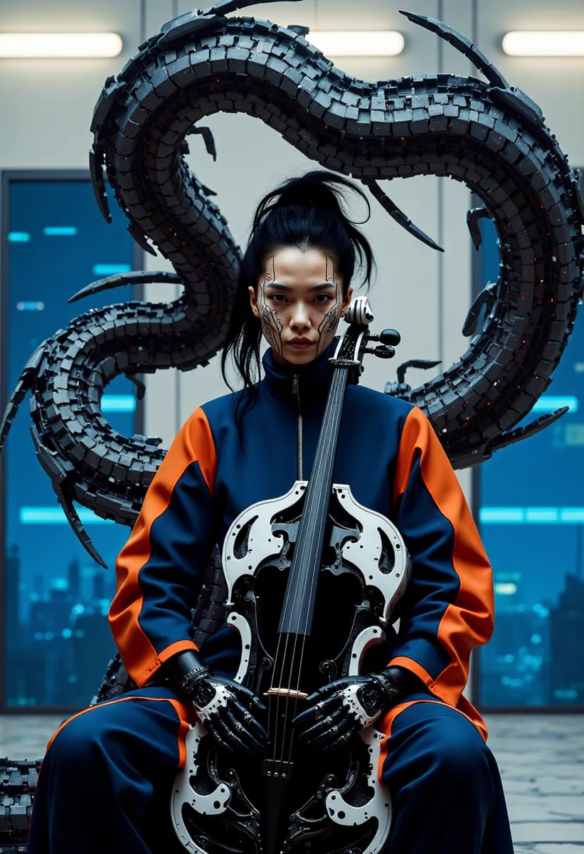 A futuristic cybernetic woman wearing a blue and orange suit sits holding a robotic cello, with a large mechanical tentacle curving behind her in a modern industrial setting.