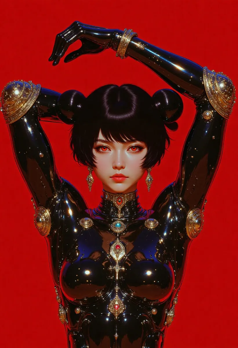 Close-up digital artwork of Rei Hino in a black chrome crystal transformation with glossy black armor, red glowing eyes, and a vivid red background.