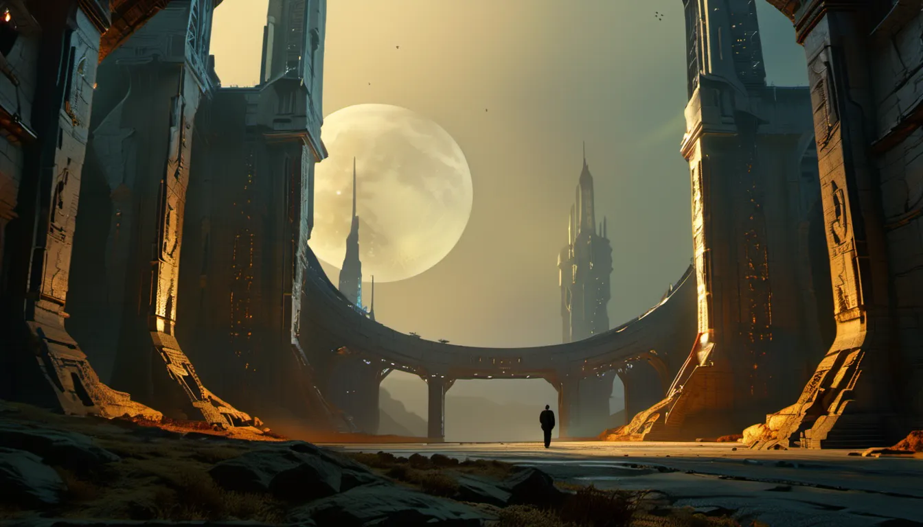 A cinematic scene of a solitary figure walking through a narrow corridor formed by towering stone structures under a large full moon, with dramatic light and shadow casting an epic mood.