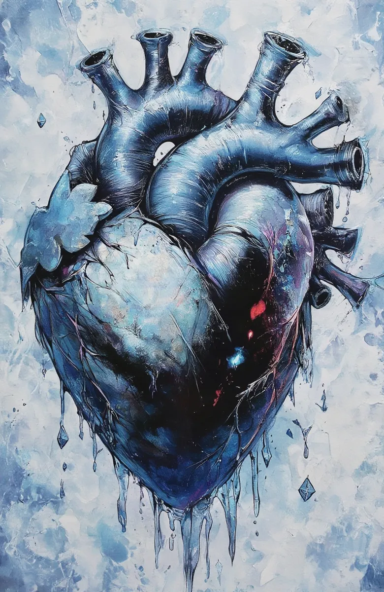 A surreal digital painting of an anatomical heart covered in icy blue tones, melting ice, and dripping water against a cloudy background.