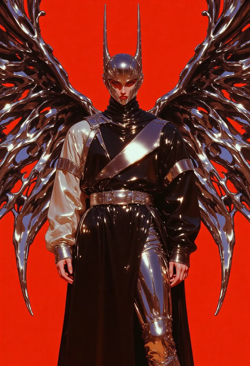 A hyper-realistic digital portrait featuring a woman in metallic, futuristic urban clothing with extravagant chromecore wings against a red background.