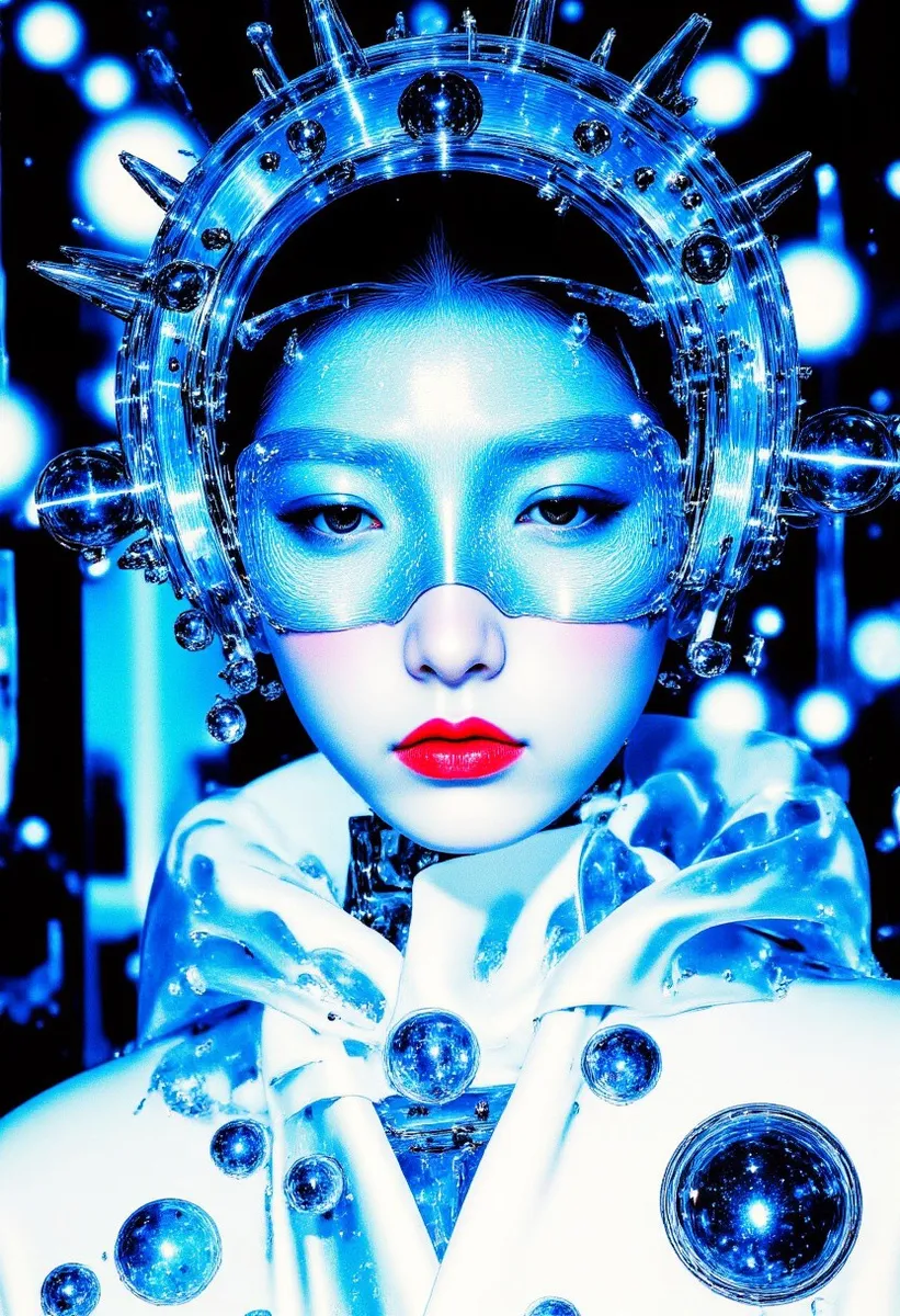 Portrait of a Korean woman wearing avant-garde fashion featuring a blue crystalline headpiece with metallic orbs, responsive blue and white smart fabric cape, and striking red glitter lipstick in a high-tech studio setting.