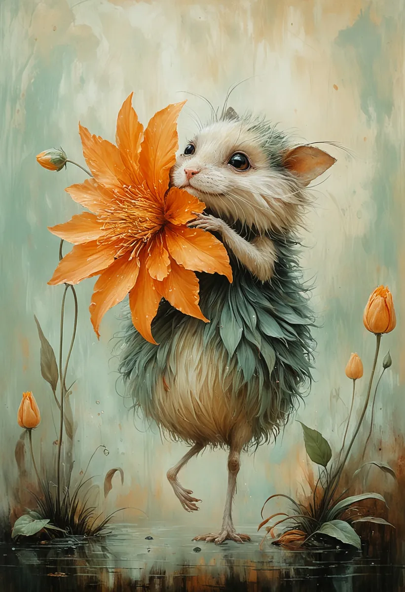 A detailed dark fantasy oil painting showing a small furry creature with round body and thin legs holding a large orange flower, set against a muted green and beige abstract background.